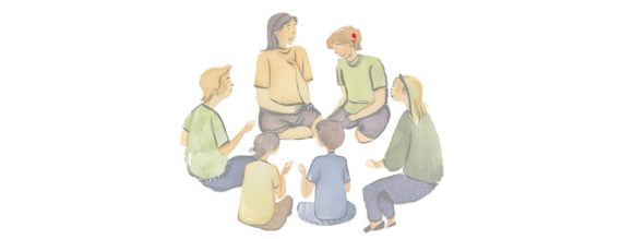 Tegning af seks børn og unge der sidder i en rundkreds. En har et CI på.